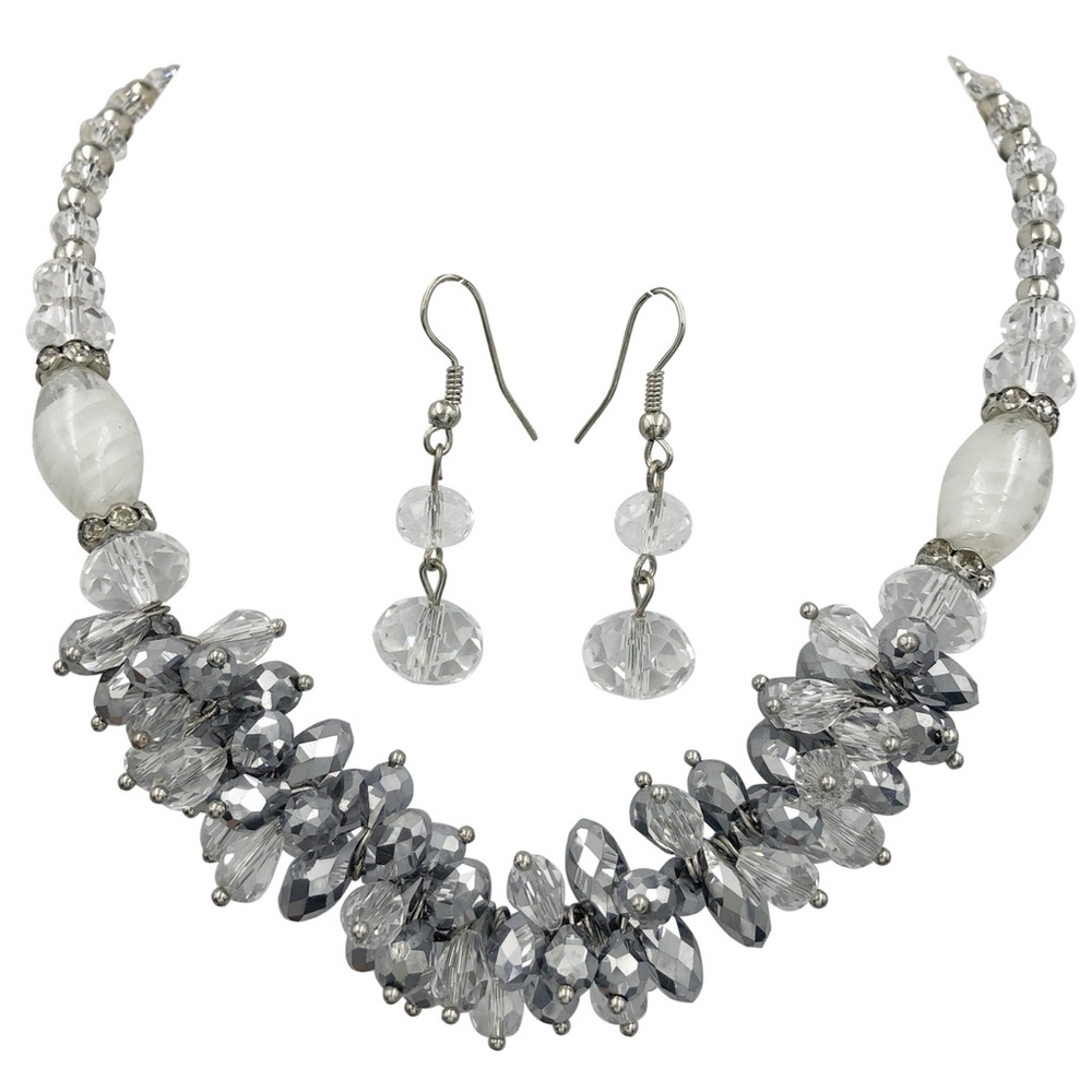 White Glass Bead Cluster Necklace Earrings Set